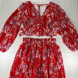 Red Floral Ruffled Crop Top and Maxi Skirt Set - Size L